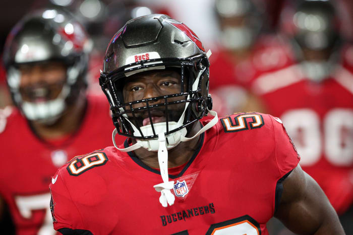Dec 5, 2022; Tampa, Florida, USA; Tampa Bay Buccaneers linebacker Genard Avery (59) takes the field before a game against the New Orleans Saints at Raymond James Stadium. Mandatory Credit: Nathan Ray Seebeck-USA TODAY Sports